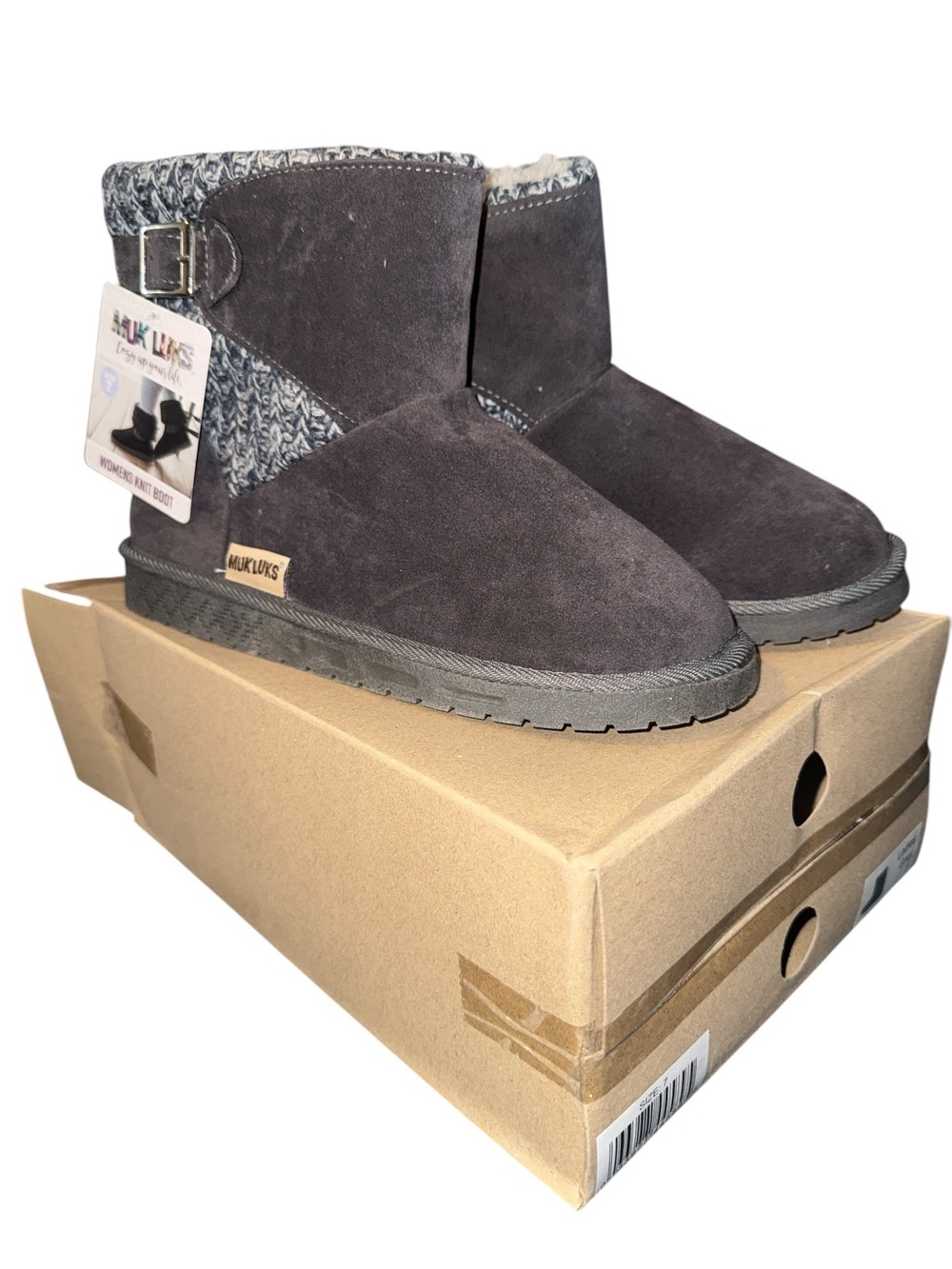 Muk Luks Charcoal Gray/Brown Knit-Trim Ankle Boots